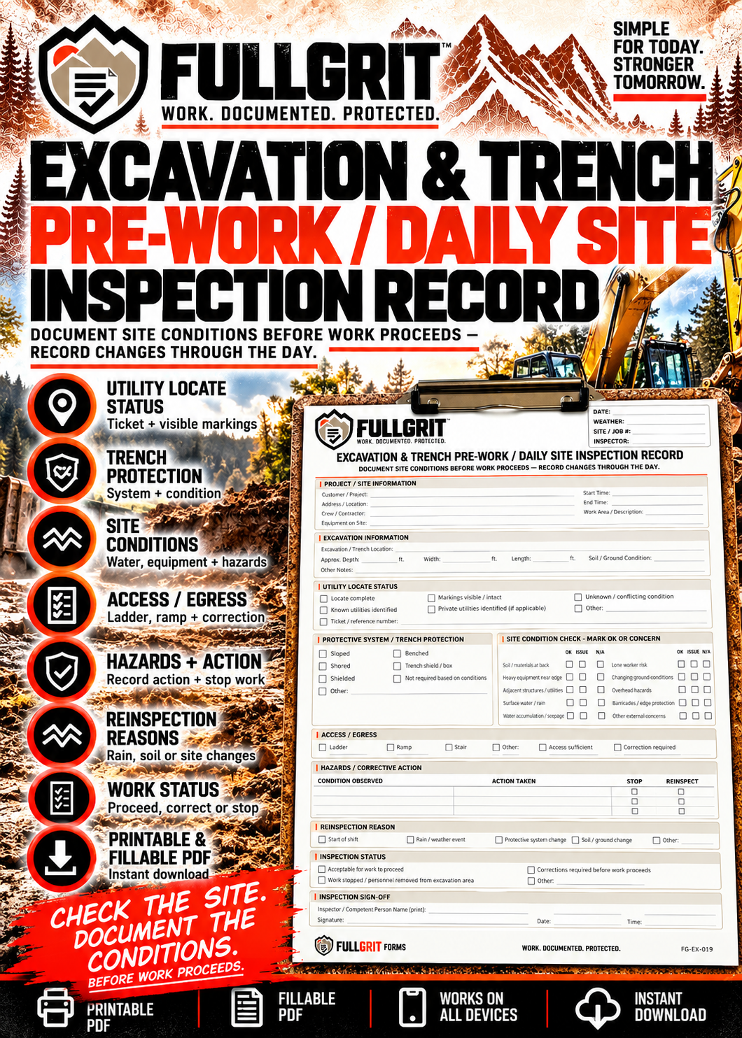 Official approved cover of Excavation & Trench Pre-Work / Daily Site Inspection Record
